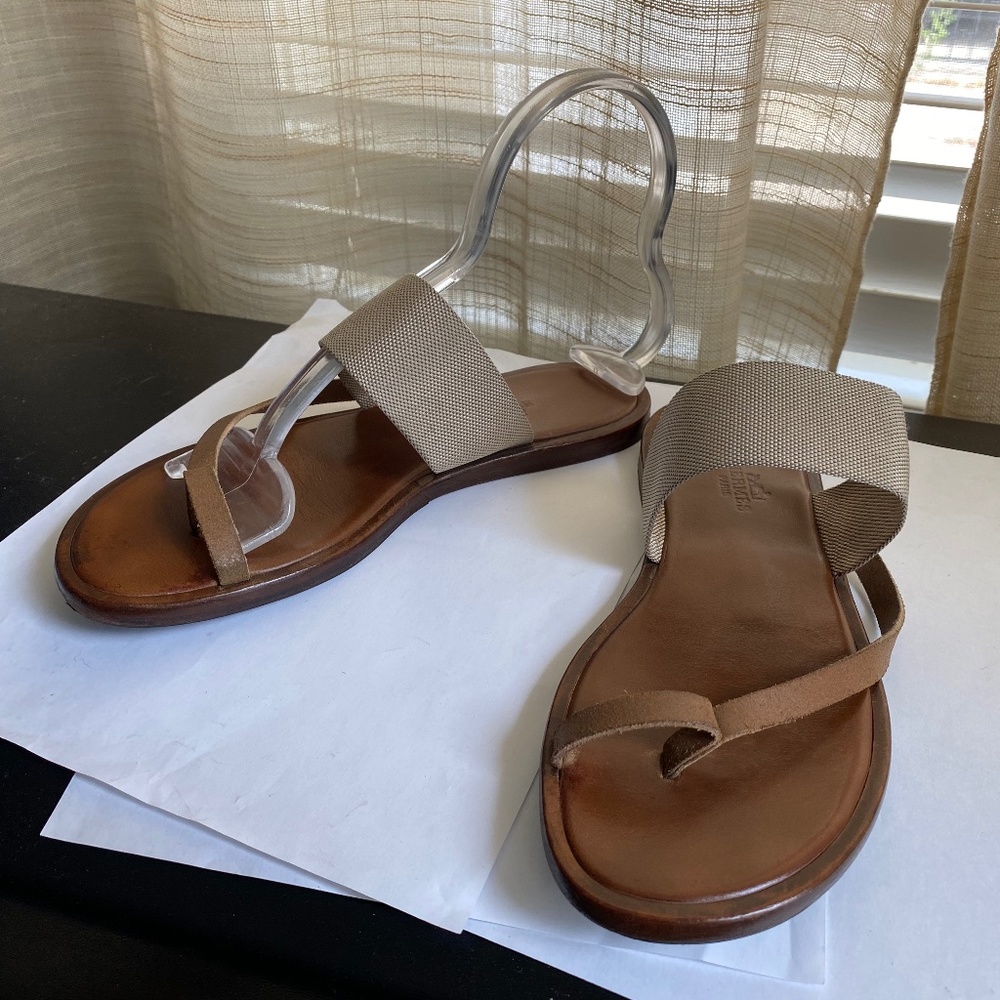 Hermes brown leather fabric thong sandals mules flats $1400 slip-on size 37-7 - Picture 3 of 8